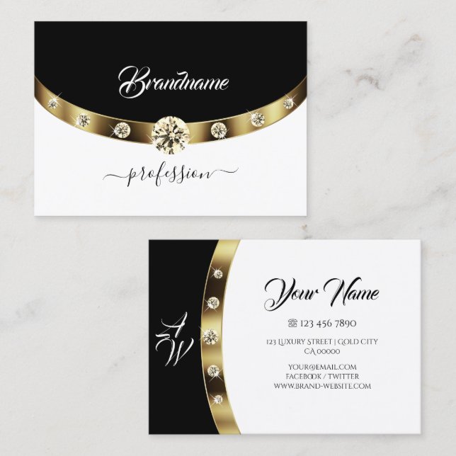 Luxus Gold Black und White Monogram Imitate Diamon Visitenkarte (Vorne/Hinten)