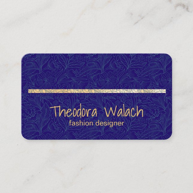 Luxus Gold Blue Floral Beruflich Visitenkarte (Vorderseite)