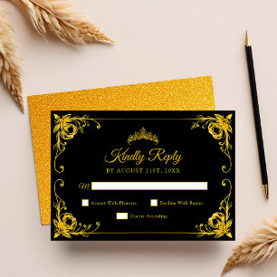 Luxus- Gold-Blumen- Schwarz und Gold Quinceanera RSVP Karte
