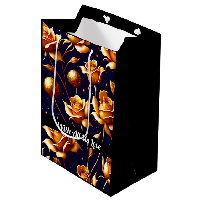 Luxus Gold Boho Rose Moderne Kollektion Mittlere Geschenktüte (Vorderseite Schrägansicht)
