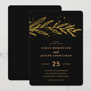 Luxus Gold Botanisches Laub Schwarz Hochzeit Einladung