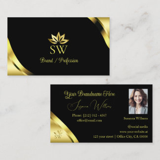 Luxus-Gold-Ecken auf Schwarz mit Monogramm-Foto Visitenkarte