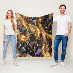 Luxus Gold Feathers und Gemstone Sparkle Muster Fleecedecke