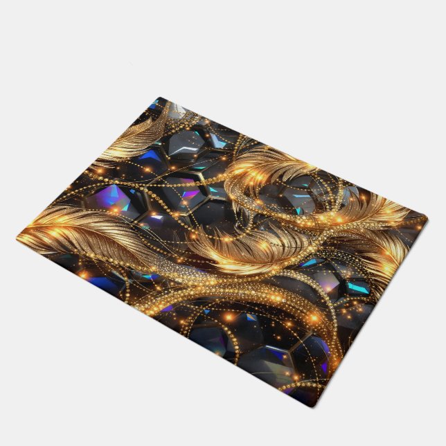 Luxus Gold Feathers und Gemstone Sparkle Muster Fußmatte (Schrägansicht)