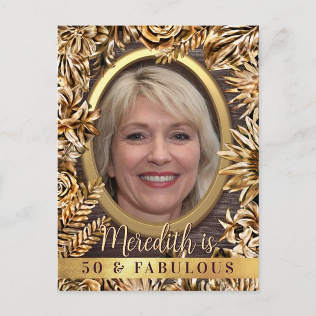 Luxus Gold Floral Custom Foto 50 und fabelhaft Einladungspostkarte (Vorderseite)