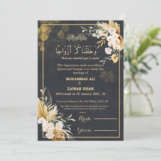 Luxus Gold Floral Frame Black Nikah Vertrag Einladung (Stehend Vorderseite)