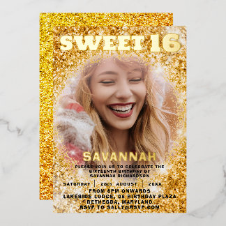 Luxus Gold Foil & Glitzer Foto Sweet 16 Party Folieneinladung