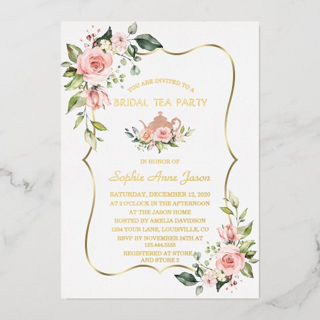 Luxus GOLD FOIL Pink Blumenstrauß Tee Party Folieneinladung (Vorderseite)