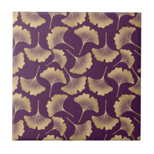 Luxus-Gold-Ginkgo-Blätter auf Tiefpurpur (6) Fliese