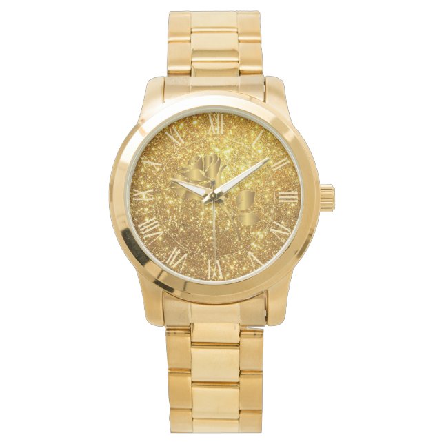 Luxus Gold Glitzer Floral Geschenke Watch Armbanduhr (Vorderseite)