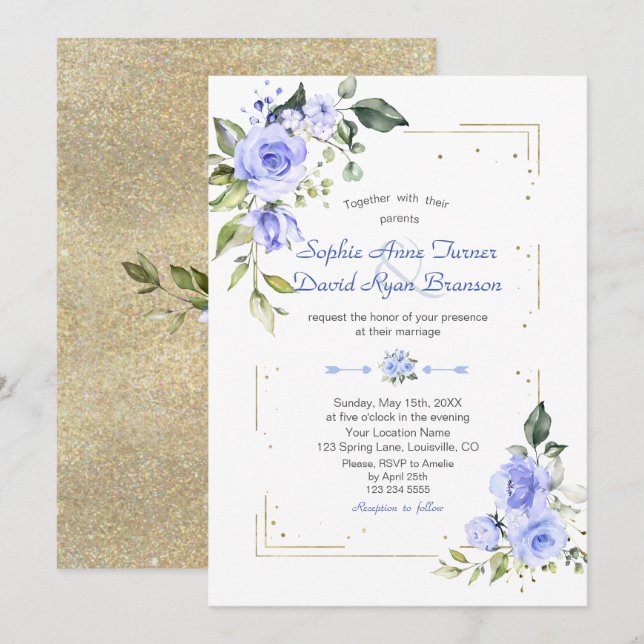 Luxus Gold Glitzer Frame Blue Blumen Hochzeit Einladung (Vorne/Hinten)