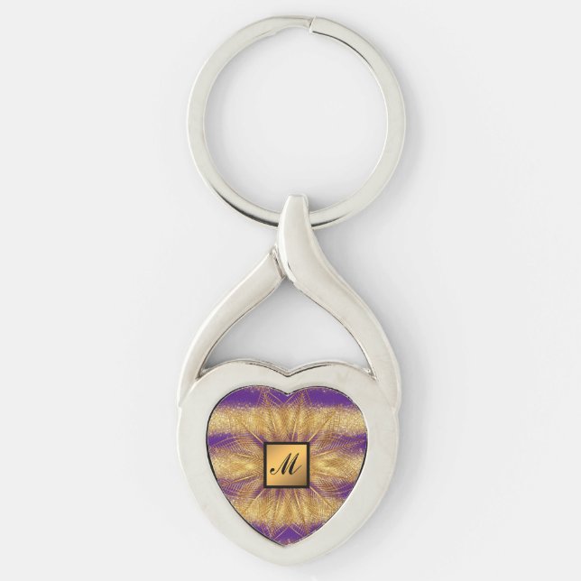 Luxus Gold Glitzer Lila Mit Monogramm Geschenk Schlüsselanhänger (Vorderseite)