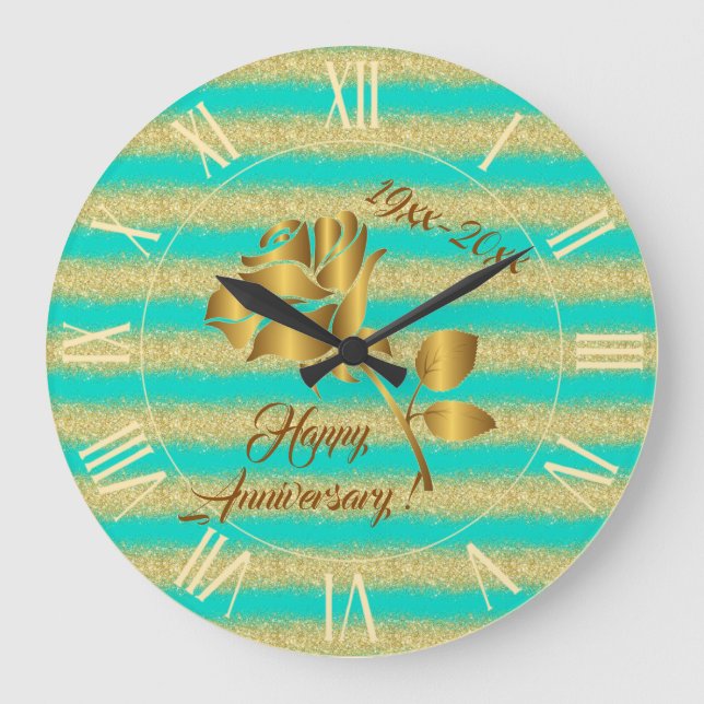 Luxus Gold Glitzer Türkis Blumengeschenk Große Wanduhr (Vorderseite)