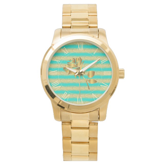 Luxus Gold Glitzer Türkis Floral Geschenkschau Armbanduhr (Vorderseite)