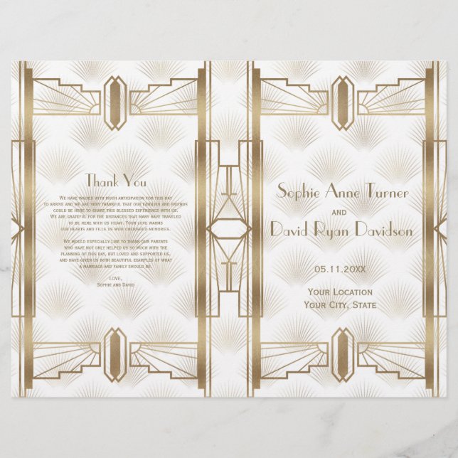Luxus Gold Great Gatsby Art Deco Hochzeitsprogramm (Vorderseite)