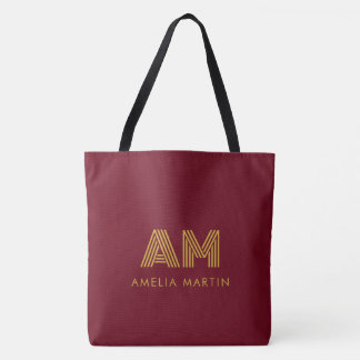 Luxus-Gold-Initialen-Monogramm-Burgunderrot-Leinen Tasche