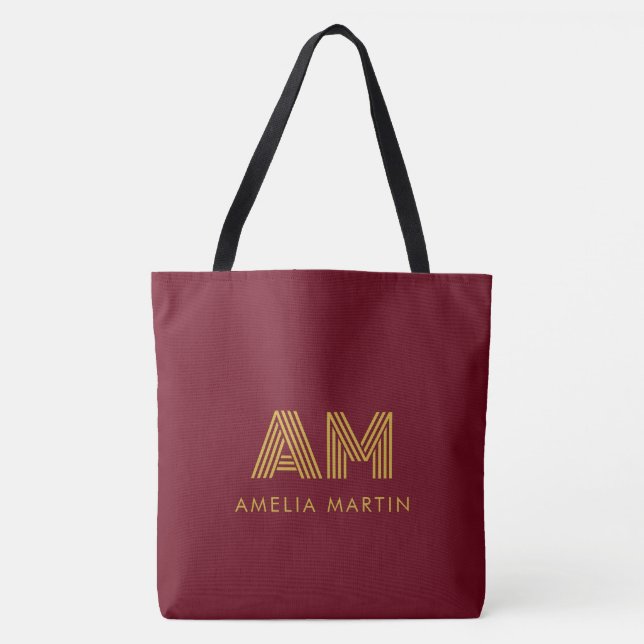 Luxus-Gold-Initialen-Monogramm-Burgunderrot-Leinen Tasche (Vorderseite)