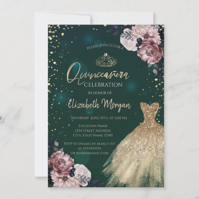 Luxus Gold Kleid, Diamanten, Blume Quinceañera Einladung (Vorderseite)