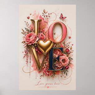 Luxus Gold LOVE Florales Design Poster