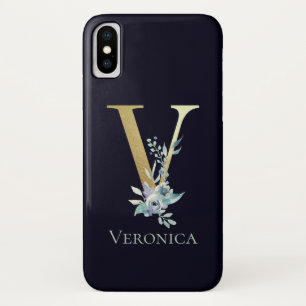 Luxus-Gold-Monogramm Buchstabe V Floral Blau Name Case-Mate iPhone Hülle