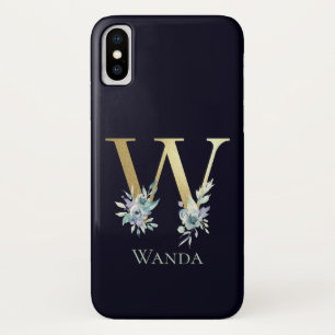 Luxus-Gold-Monogramm Buchstabe W Floral Blau Name Case-Mate iPhone Hülle