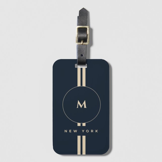 Luxus-Gold-Monogramm-Initial-Midnight-Navy-Gepäcka Gepäckanhänger (Vorderseite Vertikal)