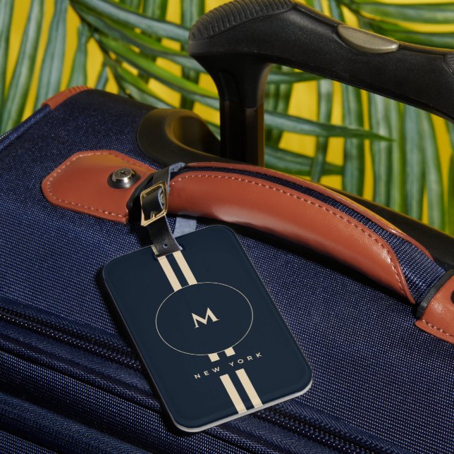 Luxus-Gold-Monogramm-Initial-Midnight-Navy-Gepäcka Gepäckanhänger (Vorderseite Insitu 1)