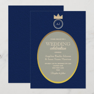 Luxus Gold Navy Monogramm Hochzeit  Einladung