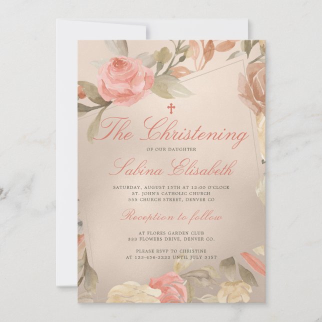 Luxus Gold Peach Cream Floral Christening Einladung (Vorderseite)