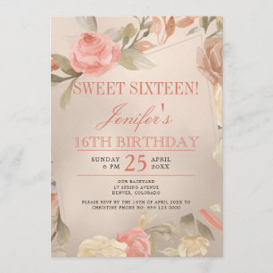 Luxus-Gold-Pfirsich-Korallen-Blumen-Sweet Sixteen Einladung