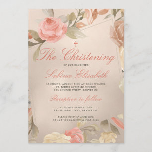 Luxus-Gold-Pfirsichcreme-Blumen-Taufe Einladung