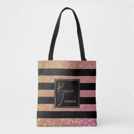 Luxus Gold Pink Glitzer Streifen Monogramm Name Tasche