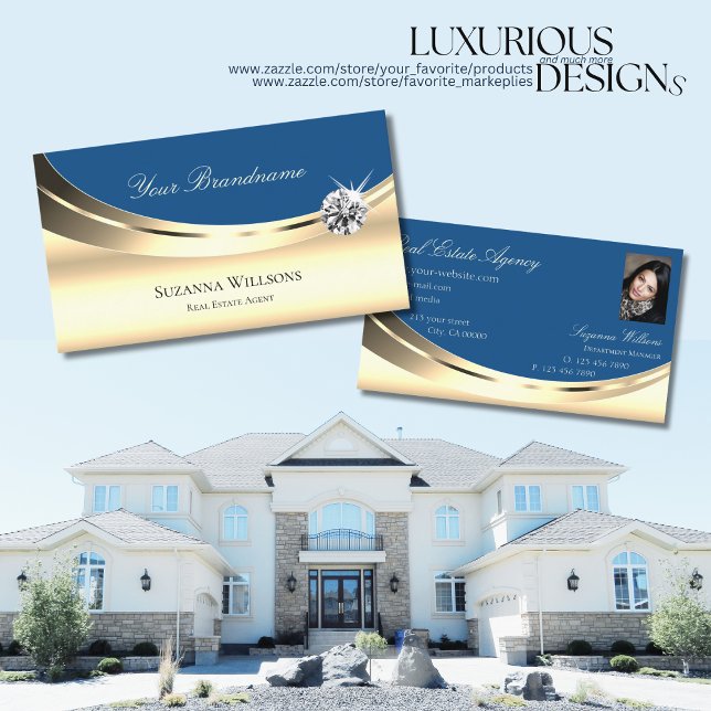 Luxus Gold und Blau mit Foto Sparkling Diamond Visitenkarte (Von Creator hochgeladen)
