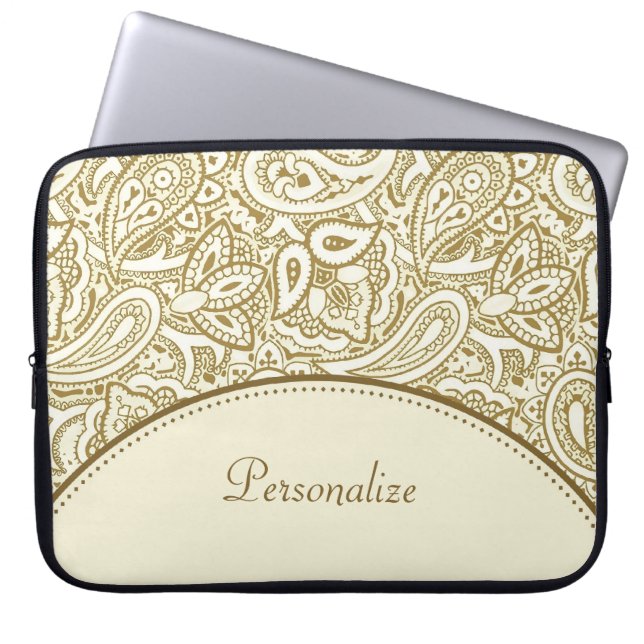 Luxus Gold und Elfenbein Paisley Damask mit Namen Laptopschutzhülle (Vorderseite)