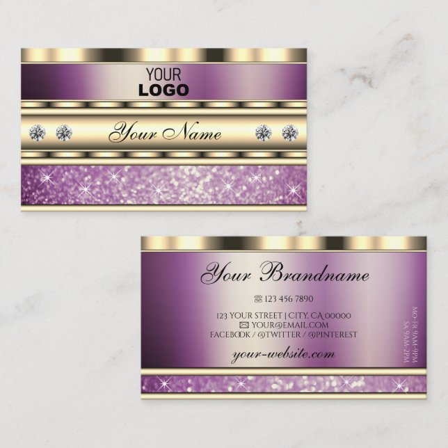 Luxus Gold und glänzender Lila Glitzer mit Logo Visitenkarte (Vorne/Hinten)