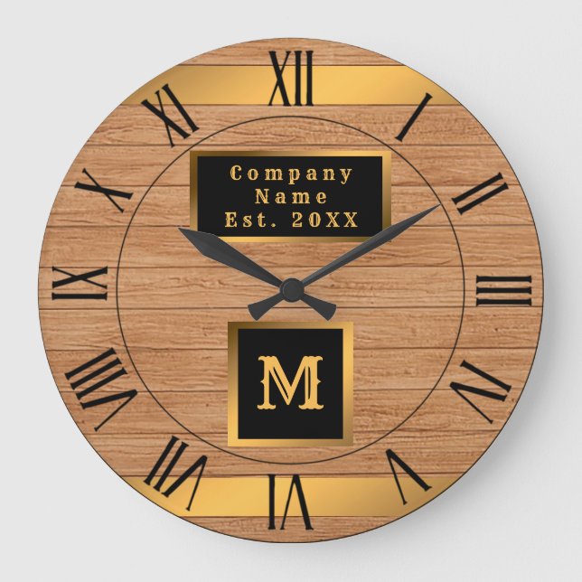 Luxus Gold Wood Modern Mit Monogramm Große Wanduhr (Vorderseite)