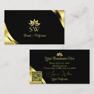 Luxus-Goldecken auf Schwarz mit Monogramm-QR-Code Visitenkarte