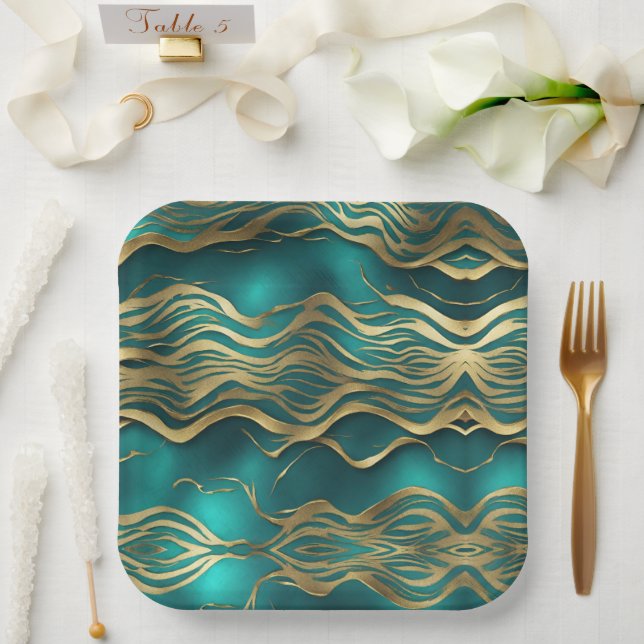 Luxus Golden Beige Swirl Türkis Aquamarin Blau Pappteller (Hochzeit)
