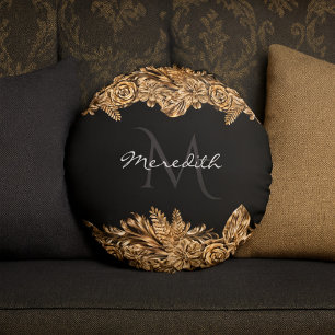 Luxus Golden Blume Elegante Elegante Eleganz Klass Rundes Kissen