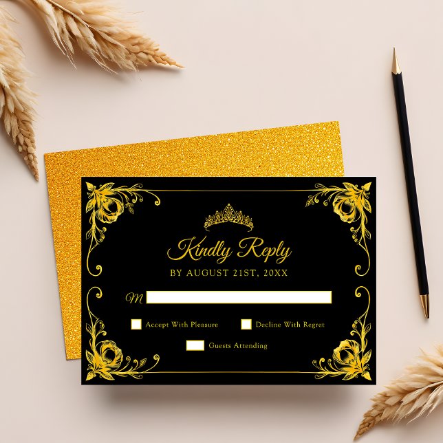 Luxus Golden Floral Black und Gold Quinceanera RSVP Karte (Von Creator hochgeladen)