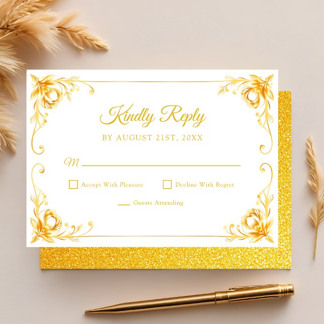 Luxus Golden Floral White und Gold Quinceanera RSVP Karte (Von Creator hochgeladen)