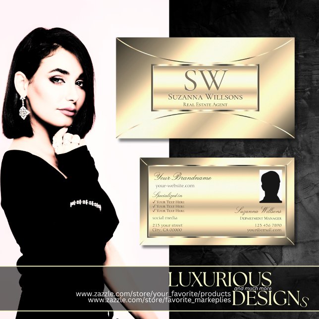 Luxus Golden Glamour mit Monogramm und Foto Visitenkarte (Von Creator hochgeladen)