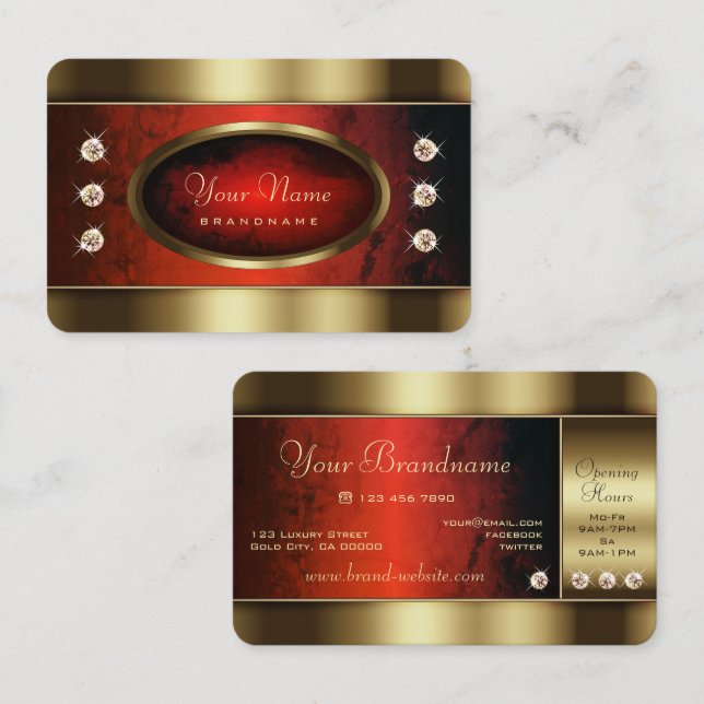 Luxus Golden mit rotem Marmormuster und Diamanten Visitenkarte (Vorne/Hinten)