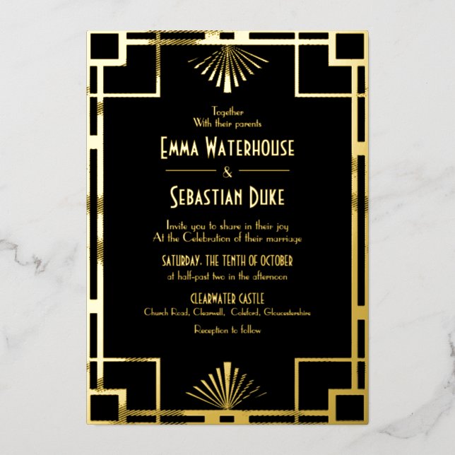 Luxus Great Gatsby Art Deco Wedding Folieneinladung (Vorderseite)