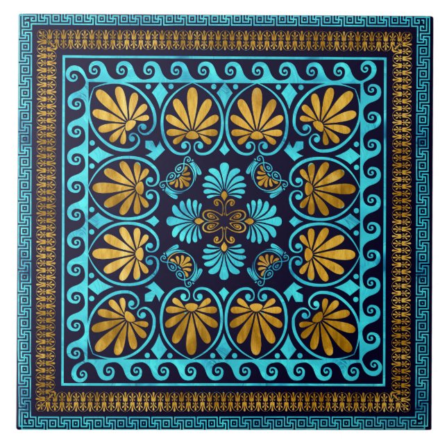 Luxus griechisches Ornament Blaues Glas und Gold Fliese (Vorderseite)