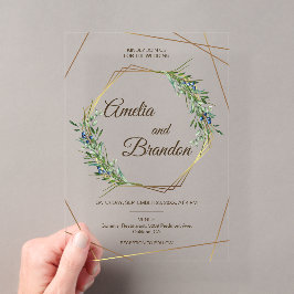 Luxus-Grün-Berry-Geometrie-Gold-Hochzeit Acryleinladungen