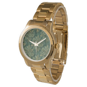 Luxus-Grün-Gold-Tropenblätter-Muster Armbanduhr