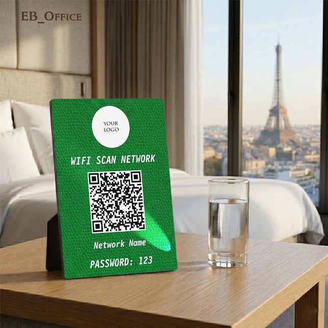 Luxus-Grün-Leder-Scheinwerfer-QR-Code-Wifi-Schild Fotoplatte (Luxury QR Code Wi-fi Tabletop Sign
& Logo
•	Green Leather pattern
•	5” x 7”
)