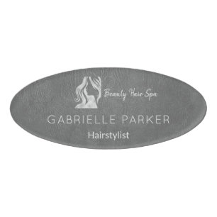 Luxus-Haarstylist Graues Leder Look Silver Logo Namenschild