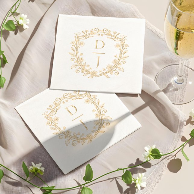 Luxus-Handgezeichnetes Blumenranken-Wappen-Monogra Servietten Mit Folie (Luxury Hand Drawn Floral Vine Crest Monogram Foil Napkins)